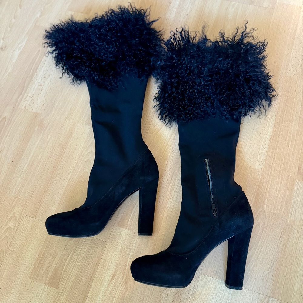 RARE - LA PERLA Knee-High Black Boots with Black Tuscan Sheep Fur Sz 38.5